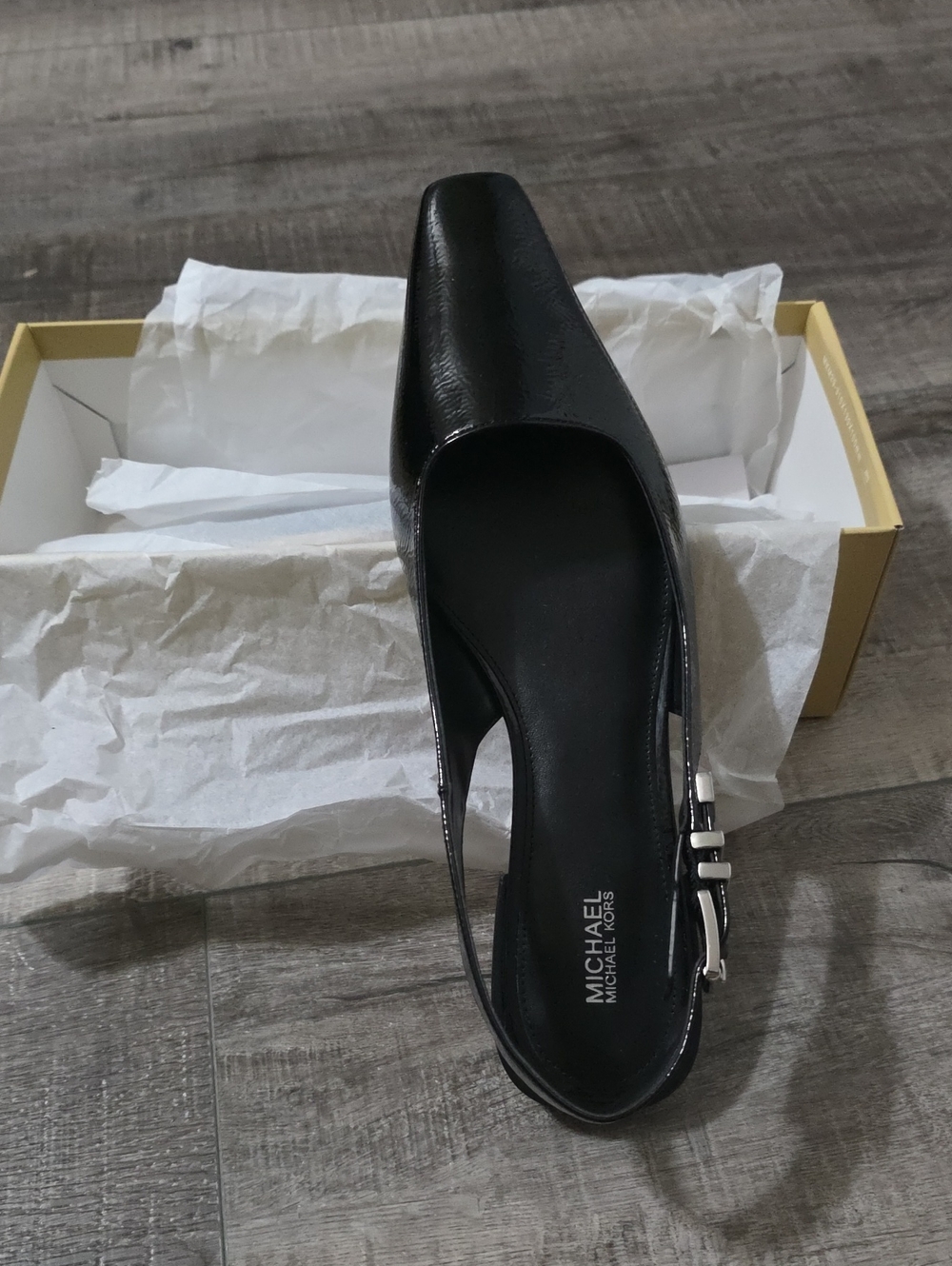 Michael Kors Black Slingback Square-Toe Pump with Silver Buckle